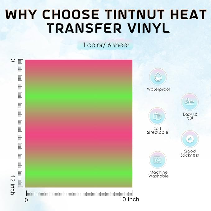 Tintnut Bright Green Pink Gradient Heat Transfer Vinyl, PU HTV Sheets, easy cut