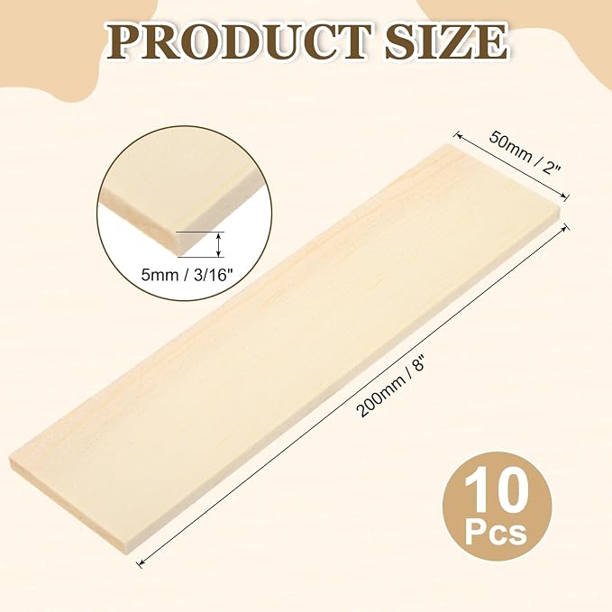 MECCANIXITY 10Pcs Wood Strips Slats, 3/16" x 2" x 8" Thin Wood Sticks Flat