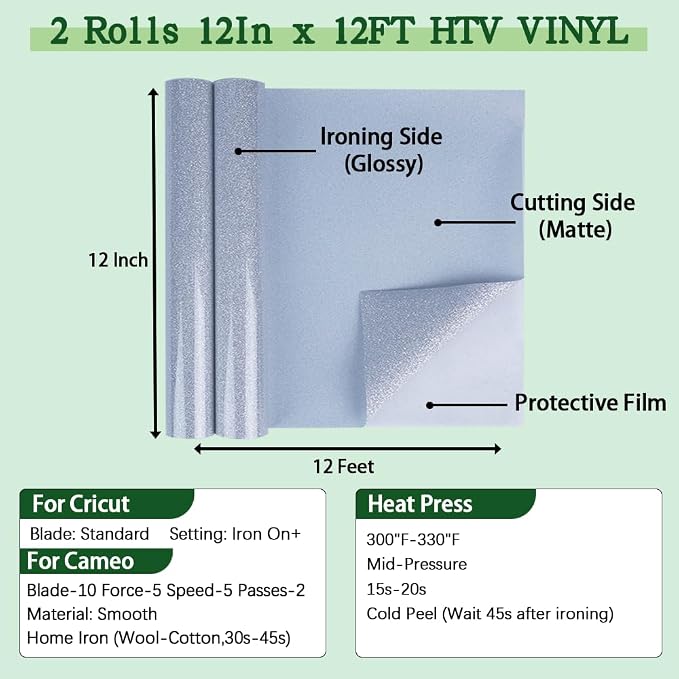 guangyintong Glitter Silver Heat Transfer Vinyl HTV Rolls, 2 Rolls 12" x 12ft