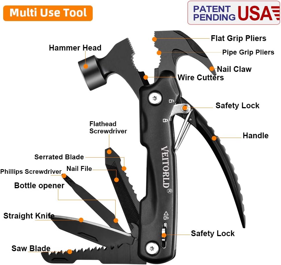 VEITORLD Gifts for Men Dad Husband Christmas, All in One Tools Mini Hammer Multitool, Unique Anniversary Birthday Camping Gifts Ideas for Man Him Boyfriend Grandpa, Cool Stocking Stuffers for Men
