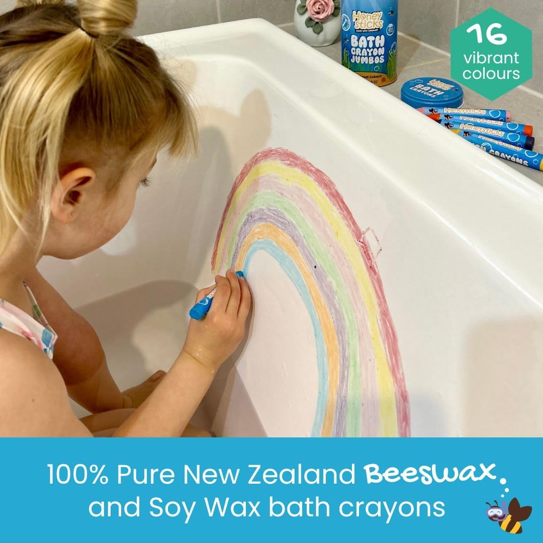 Honeysticks Jumbo Bath Crayons Non Toxic (16 Pack) for Toddlers 1-3 and Kids 4-8, Natural Beeswax Crayons, Food-Grade Colors, Fragrance Free, Non Irritating, Bath Toys for Bathtub, Shower, Gift