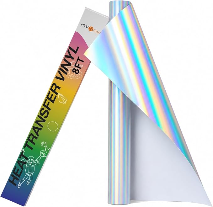 HTVRONT Metallic Holographic Silver Iron on Vinyl, 12in x 8ft HTV Vinyl | Iron
