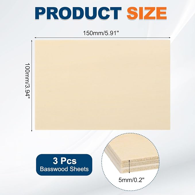 MECCANIXITY 3pcs Basswood Sheets 6 x 4 x 3/16 Inch Unfinished Wood Boards