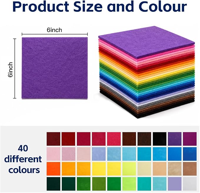 40 Pack Thin Felt Fabric Sheets 6" x 6" Assorted Colors Squares Felt Fabric