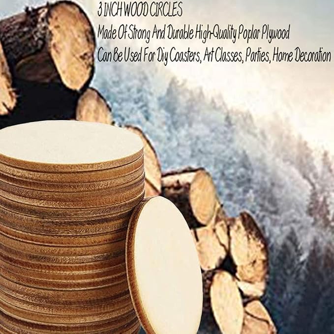 100 Pcs 3 Inch Wooden Circles, Unfinished Wood Circles Blank Round Disc Cutouts
