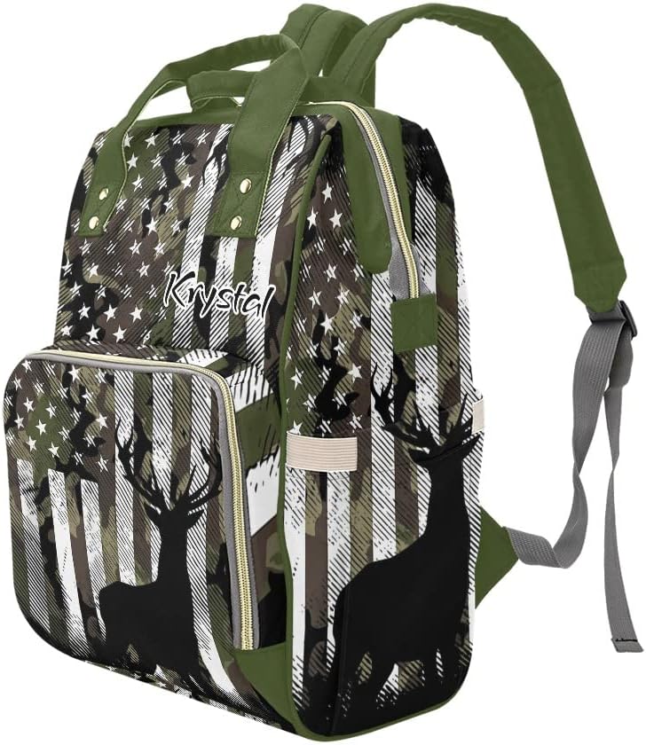 Camo American Flag Deer Antlers Diaper Bags with Name Waterproof Mummy Backpack Nappy Nursing Baby Bags Gifts Tote Bag for Women