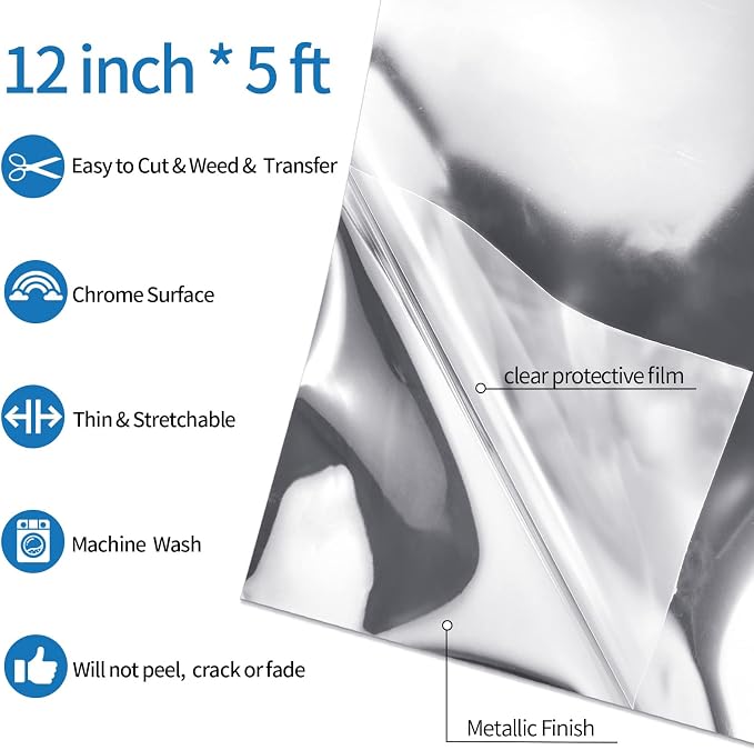 VINYL FROG Silver Metallic Foil Heat Transfer Vinyl 12" x5ft Silver HTV Vinyl