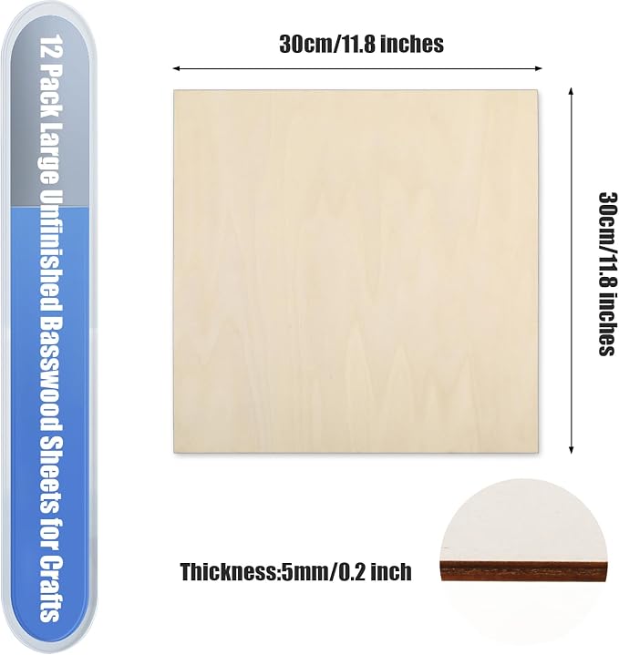 16 Pack Basswood Plywood Sheets 12 x 12 x 1/5 Inch-5 mm Thick Basswood Plywood