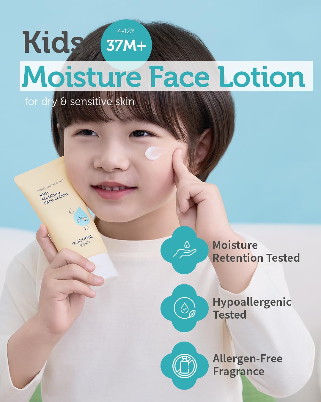 GOONGBE Kids' Moisture Face Lotion - Korean Kids Daily Face Moisturizer - 8hr Moisturizing Refreshing Cream Type Lotion with Cica and Allantoin - Allergen Free Scent, 2.7 fl.oz.