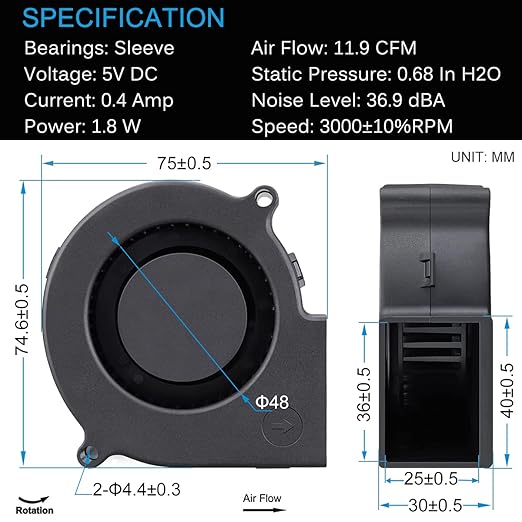 GDSTIME 7530 75mm x 75mm x 30mm 5V USB Blower Brushless Cooling Fan
