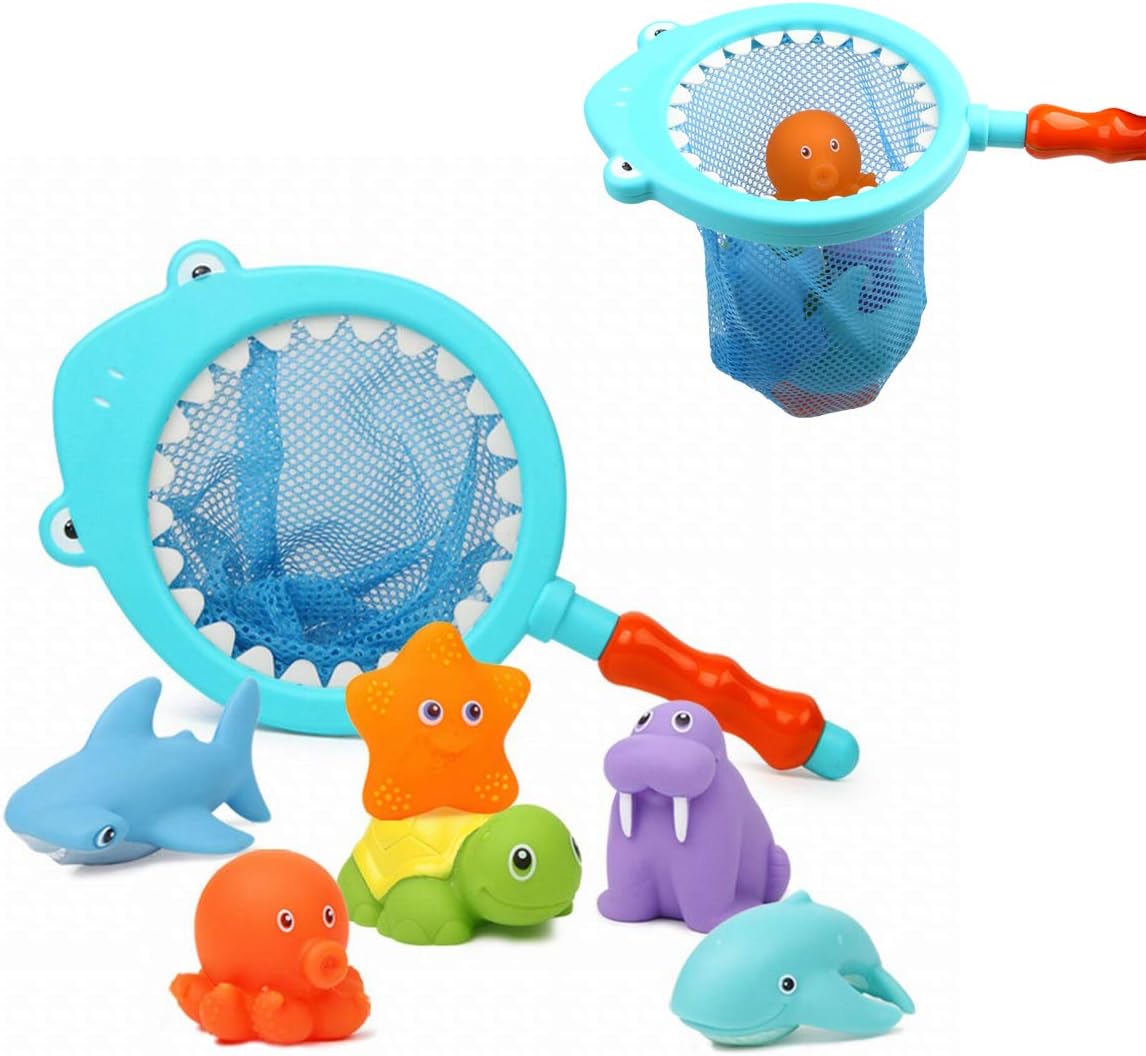 Bath Toy , Fishing Floating Animals Squirts Toys Games Playing Set with Fishing net , Fish Net Game in Bathtub Bathroom Pool for Babies Toddlers and Kids (Blue)