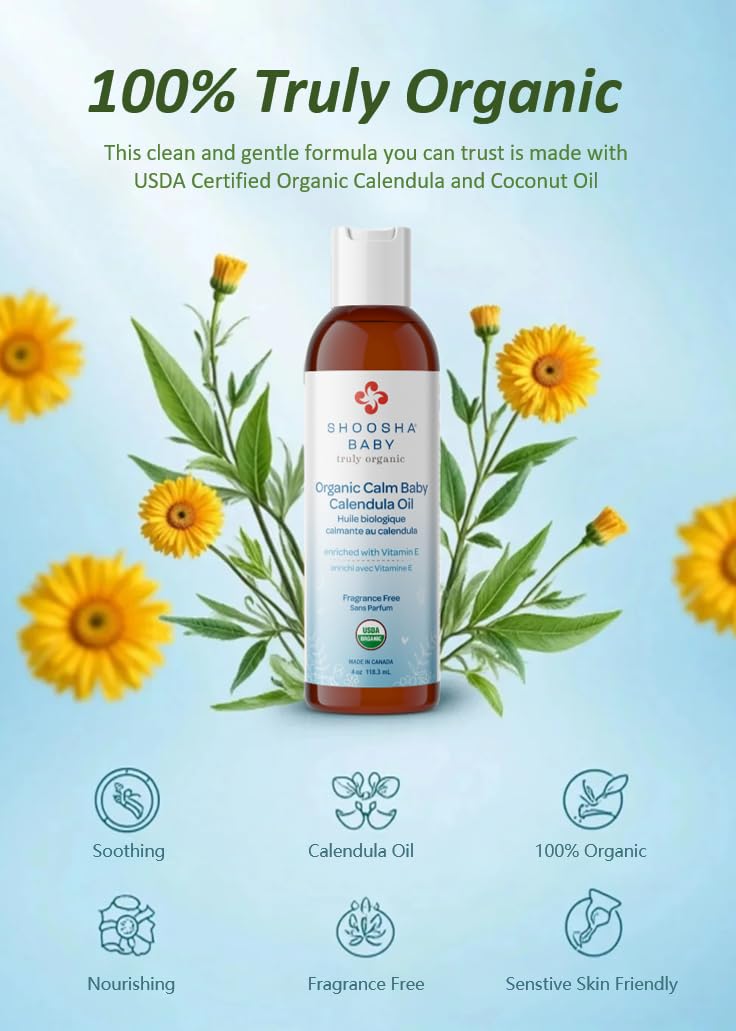 Shoosha Organic Calendula Oil Fragrance Free, for Babies, Real Calendula Oil, Calendula Massage Oil Moisturizer, Hypoallergenic, Gluten-Free, 100% Biodegradable