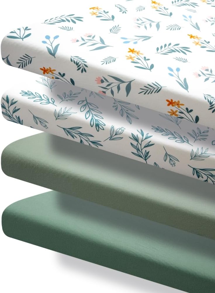 Nursery Sheets - 4 Pack Sage Green Fitted Breathable Unisex Baby Sheets with Leaf and Flower Design for Mini Crib