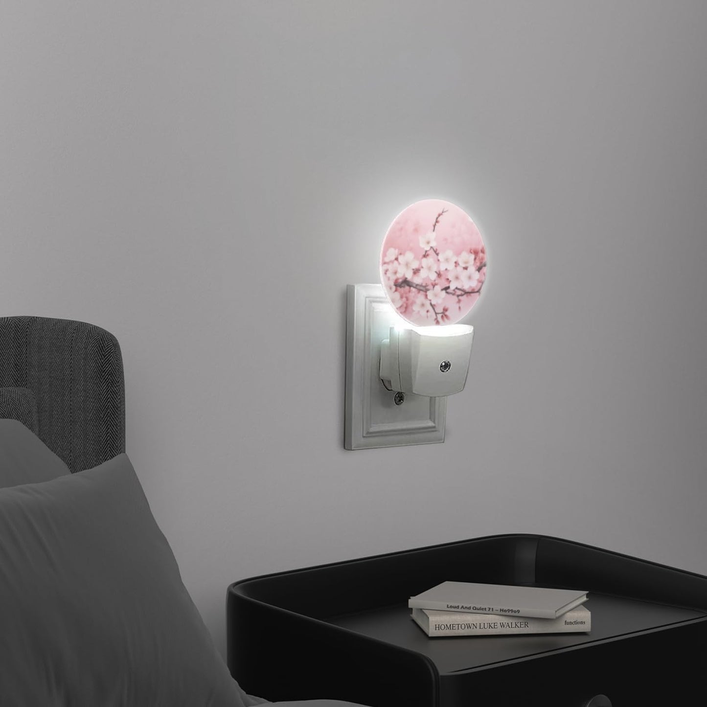 Round LED Night Lights Lamp with Dusk to Dawn Sensor, Delicate Pink Background with Cherry Blossoms Night Light Plug Into Wall for Kids Room, Bedroom, Bathroom, Kitchen, Hallway