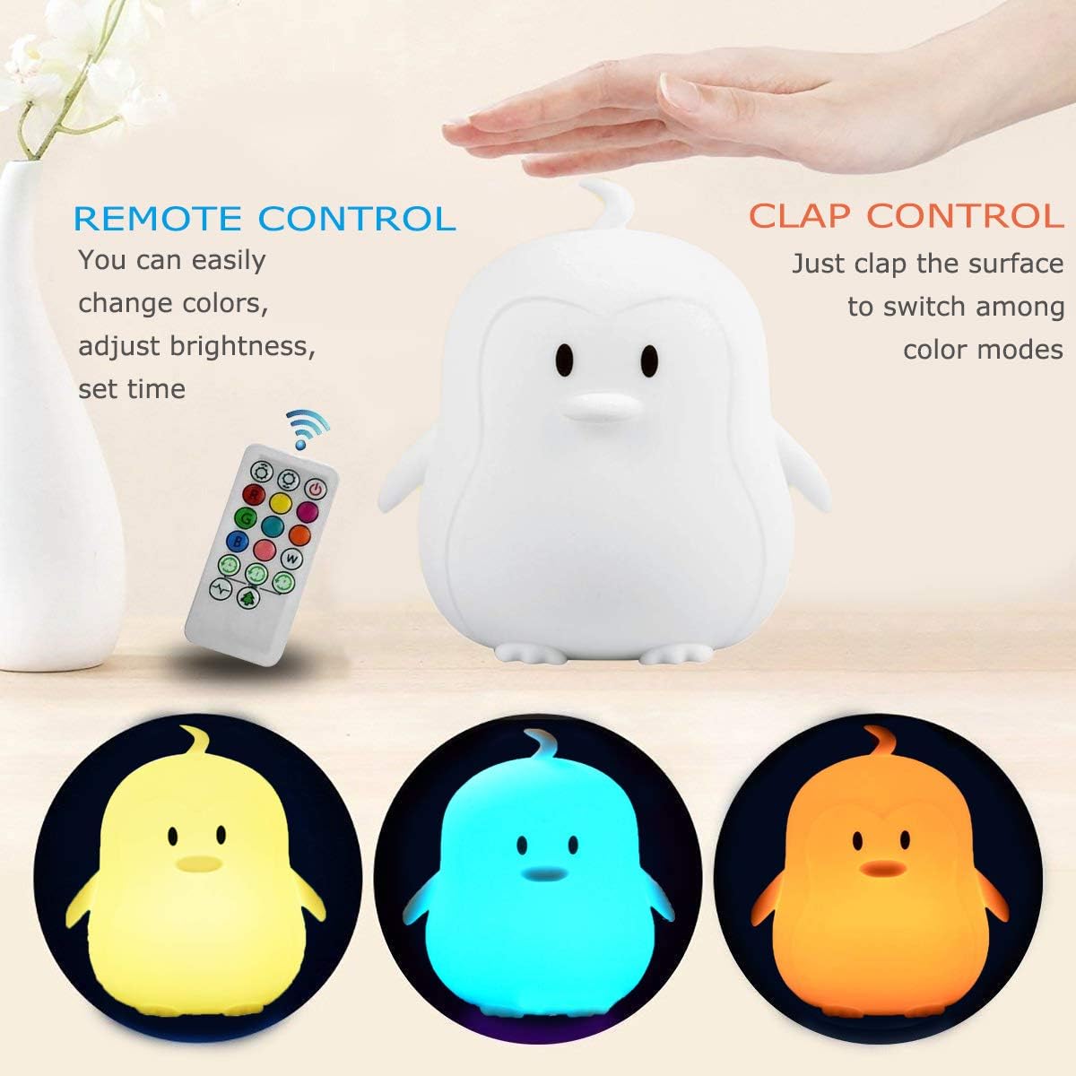 Penguin Night Light for Kids Silicone Sleep NightLights, 9 Colors Baby Light Bedside Lamp Bed Room Children Decorative Lamps for Toddlers/Boys/Girls/Adults/Bedroom/Bathroom/Outdoor - Medium