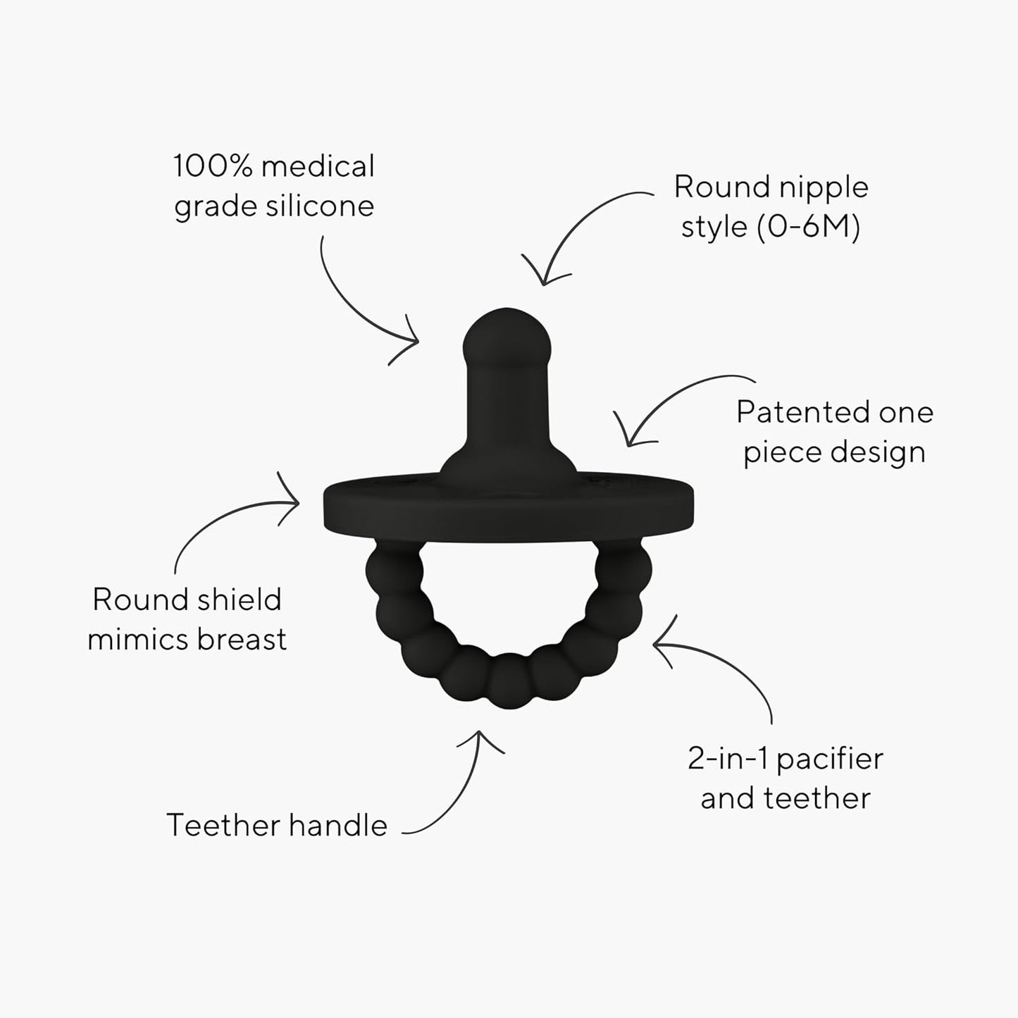 Ryan & Rose Cutie PAT Pacifier Teether 3 Pack and Flex Clip (Stage 1, Black)
