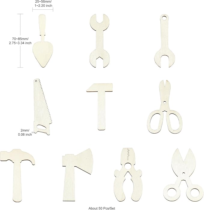 50 pcs Mixed Styles Labor Tool Theme Unfinished Wood Cutout Charms Scissors Axe
