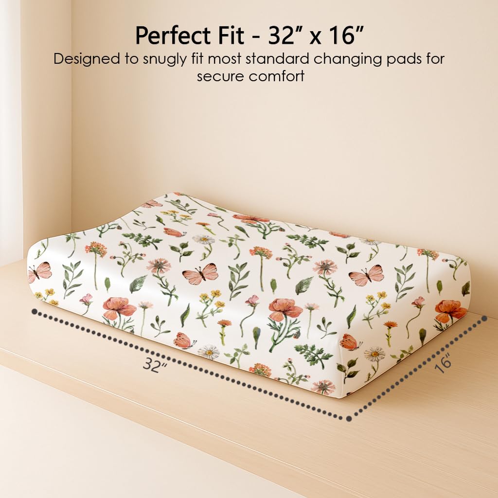 Changing Pad Cover for Baby Boys Girls 2 Pack, Fits Standard 32”×16” Changing Table Pads, Silky Breathable Stretch Knit, Machine Washable (Butterfly Garden)