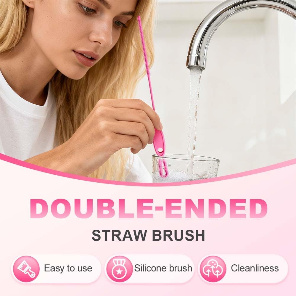 Extra Long Straw Cleaner Brush, Reusable Soft Silicone Cleaning Brush for Tumbler Lid Crevices, Glass Metal Smoothie Straws with Non Slip Handle (Yellow + Blue)