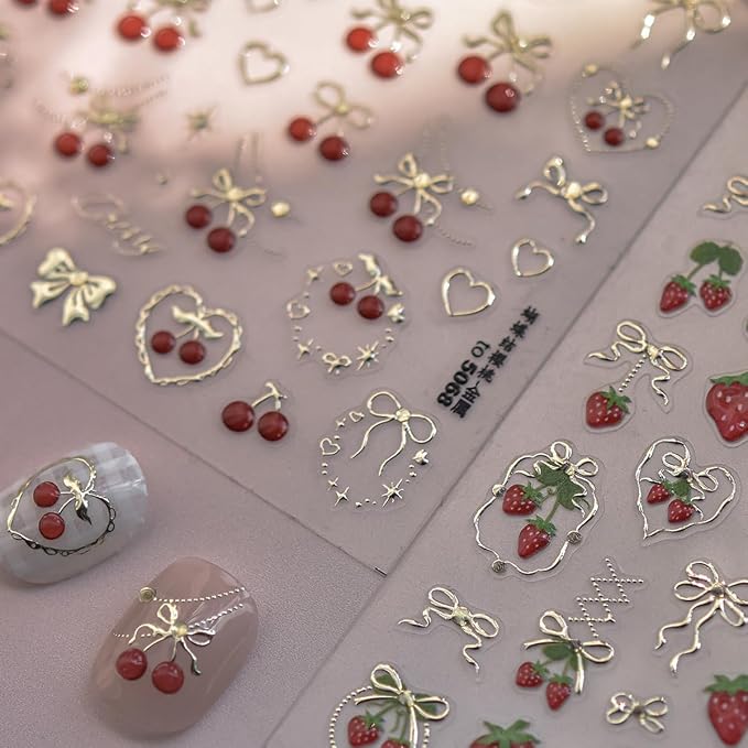Cherry Nail Art Stickers Summer Cherry Nail Stickers 5D Embossed Gold Cherries