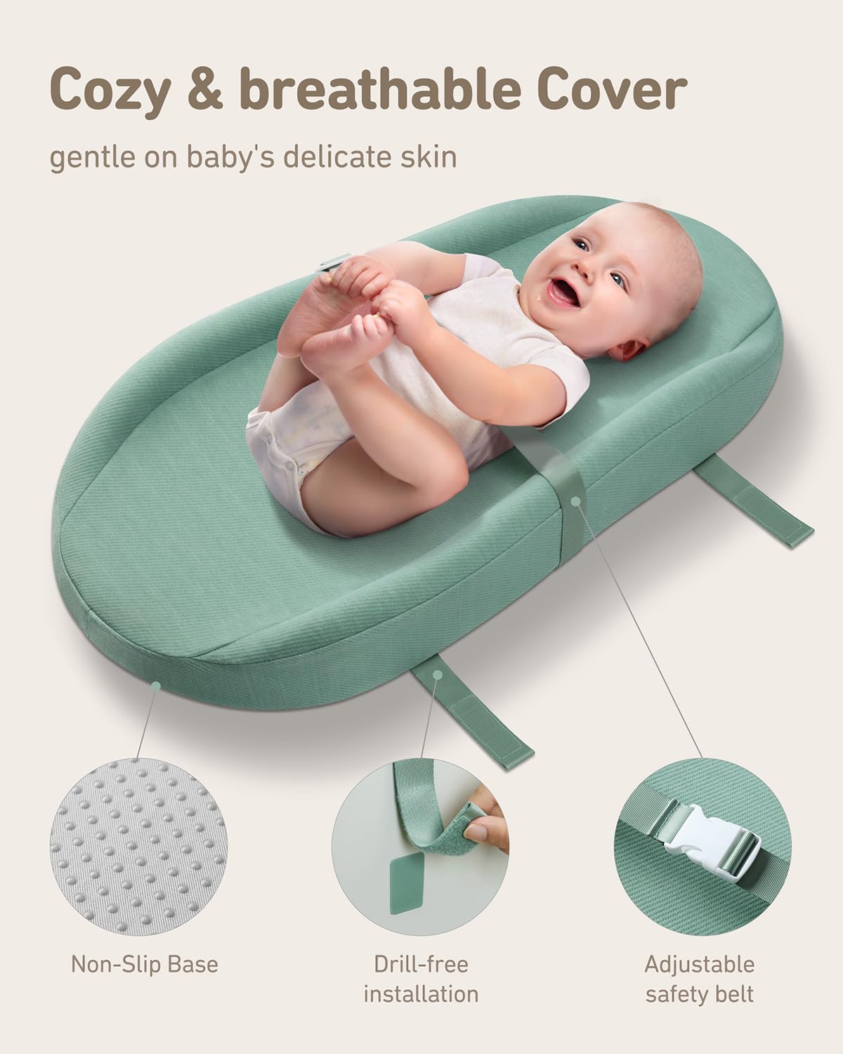 Blissful Diary Baby Changing Pad with Waterproof Lining Foam, Includes a Soft & Washable Cover, Contoured Changing Table Pads for Dresser Top with Non-Slip Bottom, 32”×16” (Green, Avocado)