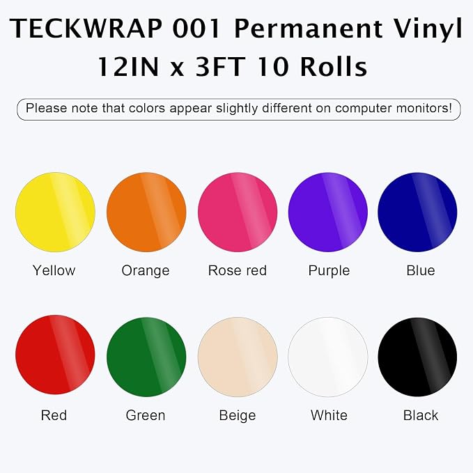 TECKWRAP 001 Glossy Permanent Vinyl - 12in x 3ft Rolls 10 Colors Adhesive Vinyl