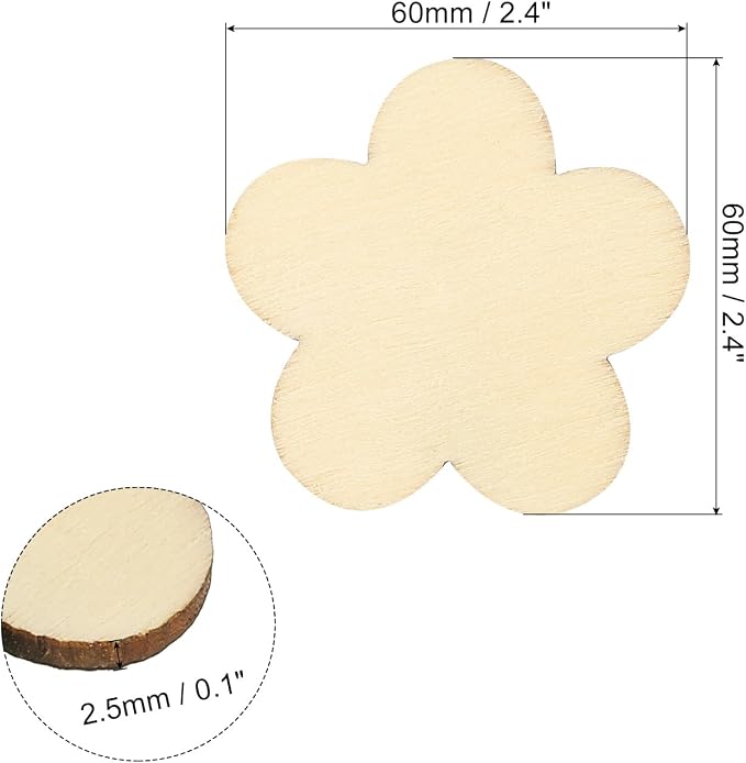 PATIKIL 60mm Wooden Flowers, 50 Pack Unfinished Wood Flowers Blank Wooden