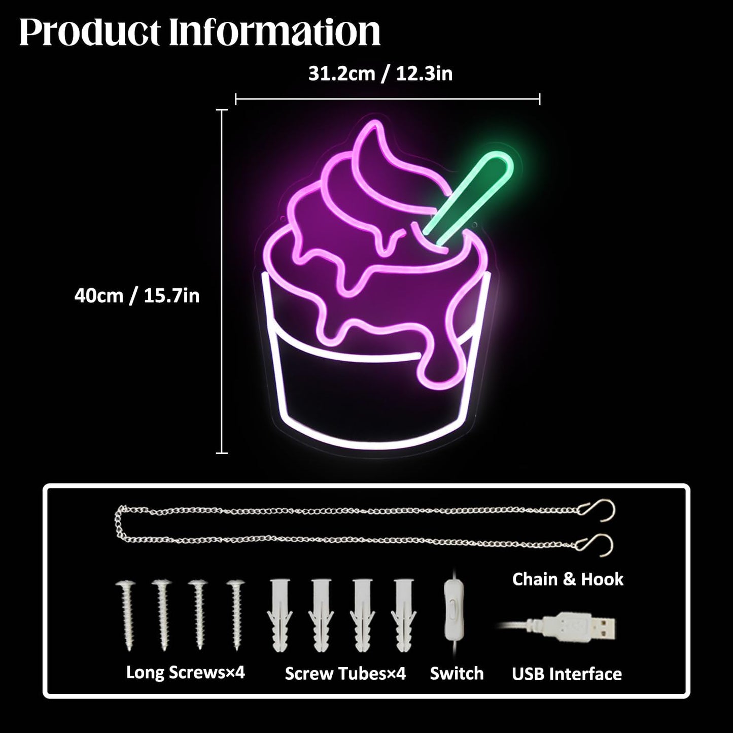 Ice Cream Neon Sign Pink White Sundae LED Neon Lights Signs Cupcake Neon Signs for Business Wall Decor Melting Ice Cream LED Signs for Bedroom Dessert Shop Restaurant Store Bar Decoration