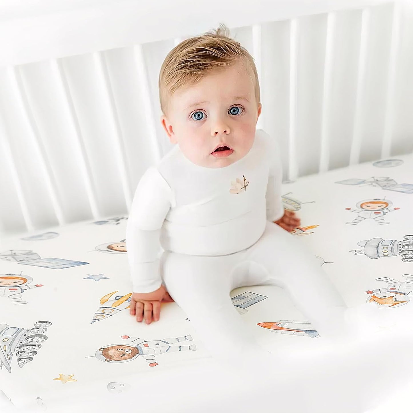 GRSSDER Pack n Play Sheets Fitted 3 Pack, Stretchy Ultra Soft Jersey Knit Pack and Play Sheets, Universal Fitted Portable/Mini Crib Mattresses Snug and Safe, Space Stylish Print