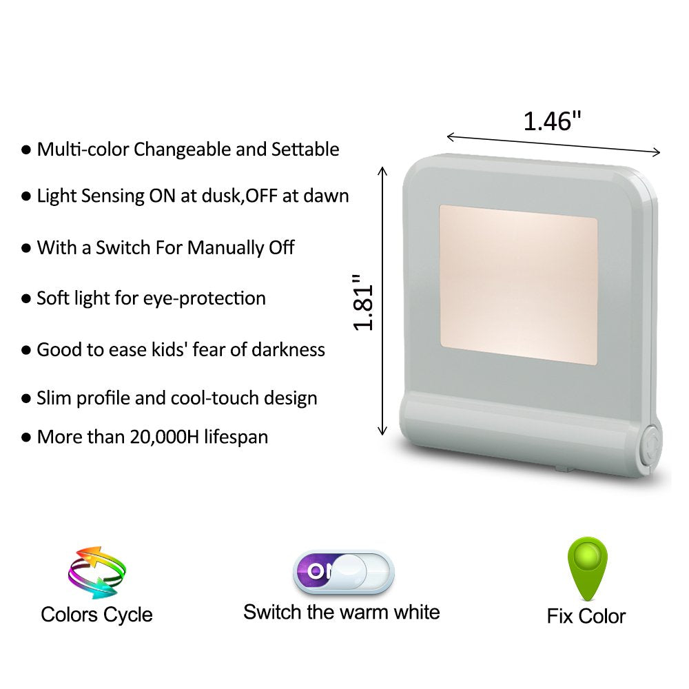 MAZ-TEK Plug in LED Night Light with Smart Dusk to Dawn Sensor, Multi-Color Changeable Nightlights, Energy Efficient Night Lamp for Bedroom, Baby Room, Kitchen, Hallway, Stairway, 2 Pack