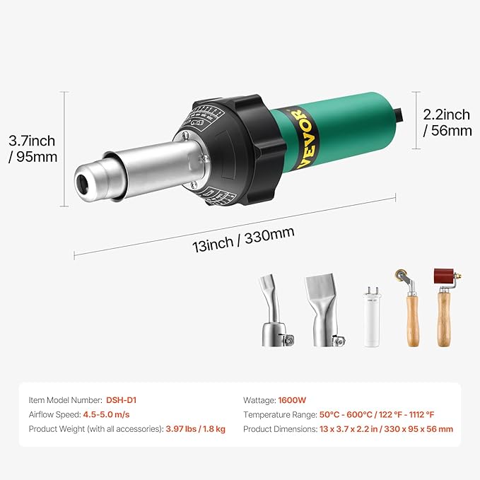 VEVOR Hot Air Plastic Welder, 1600W Hot Air Torch Pistol, 122-1112℉ PVC TPO Vinyl Heat Gun Welding Torch, Plastic Welding Roofing Kit with 2 Nozzles, Silicone & Copper Seam Roller for PP/PE/PVC Sheet