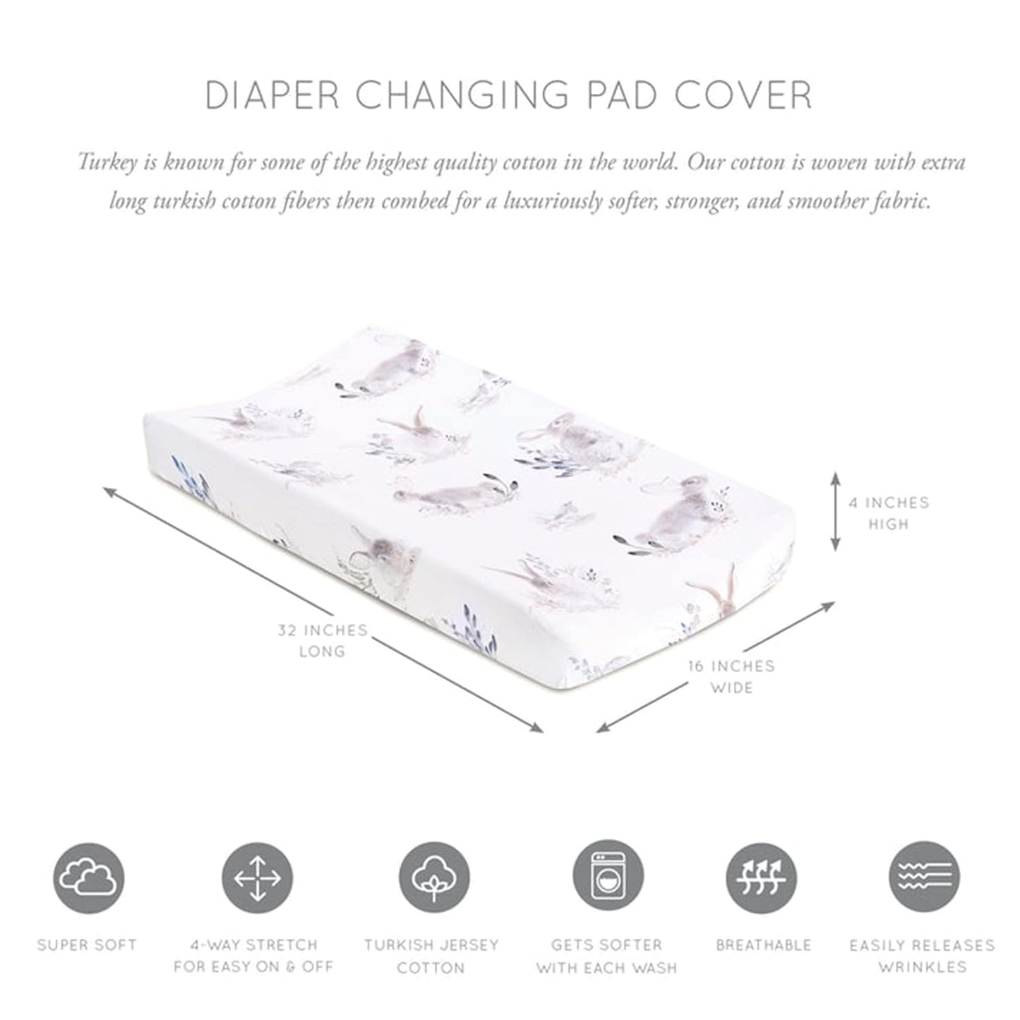 Oilo Changing Pad Cover, Breathable 100% Turkish Cotton Fitted Jersey, 300 Thread Count, Machine Washable, Fits Standard Changing Pads (32" x 16"), Girl, Boy, & Neutral Nursery Design, Cottontail