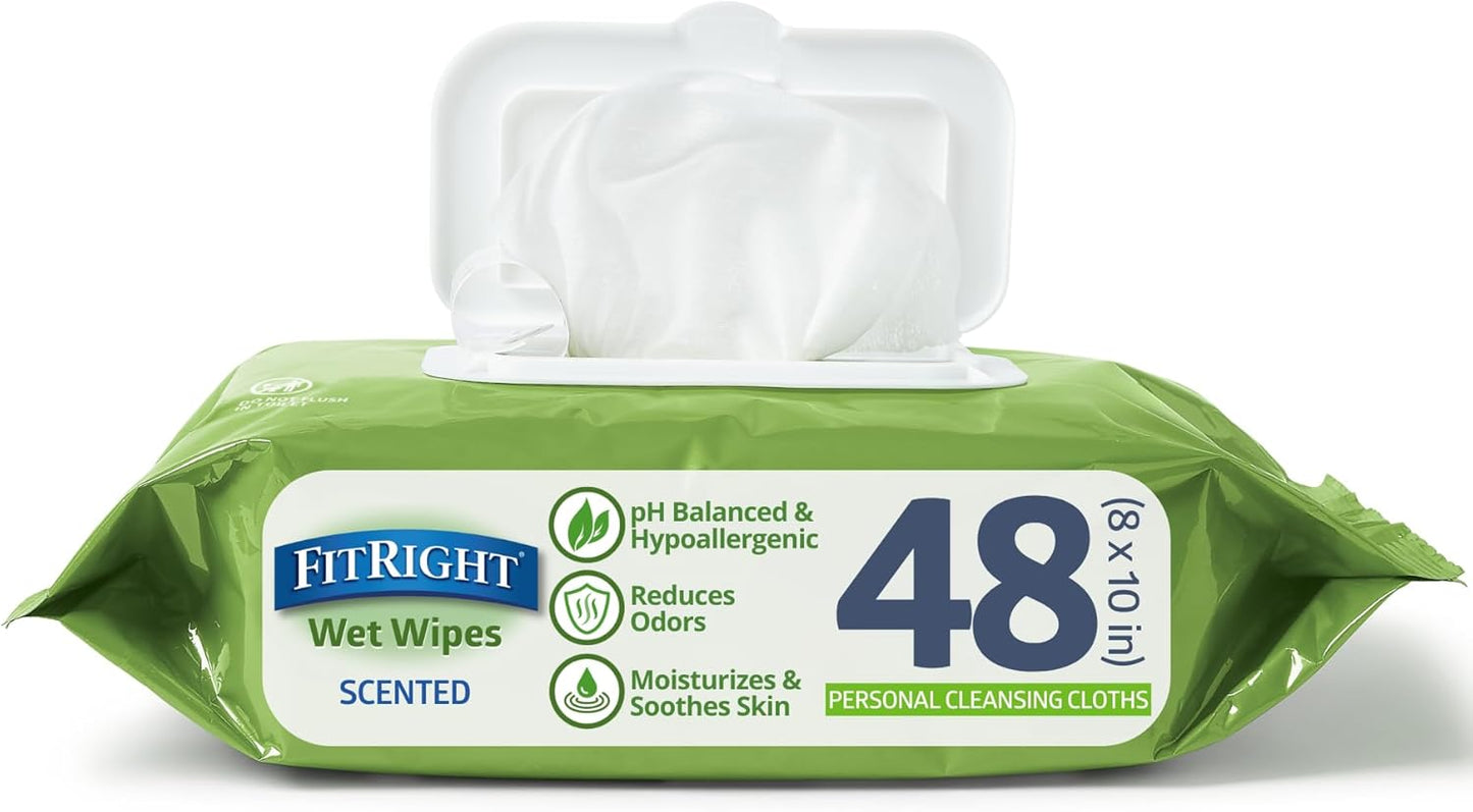 Medline FitRight Aloe Personal Cleansing Cloth Wipes, Scented, Pack of 48, 8 x 10 inch Adult Large Incontinence Wipes