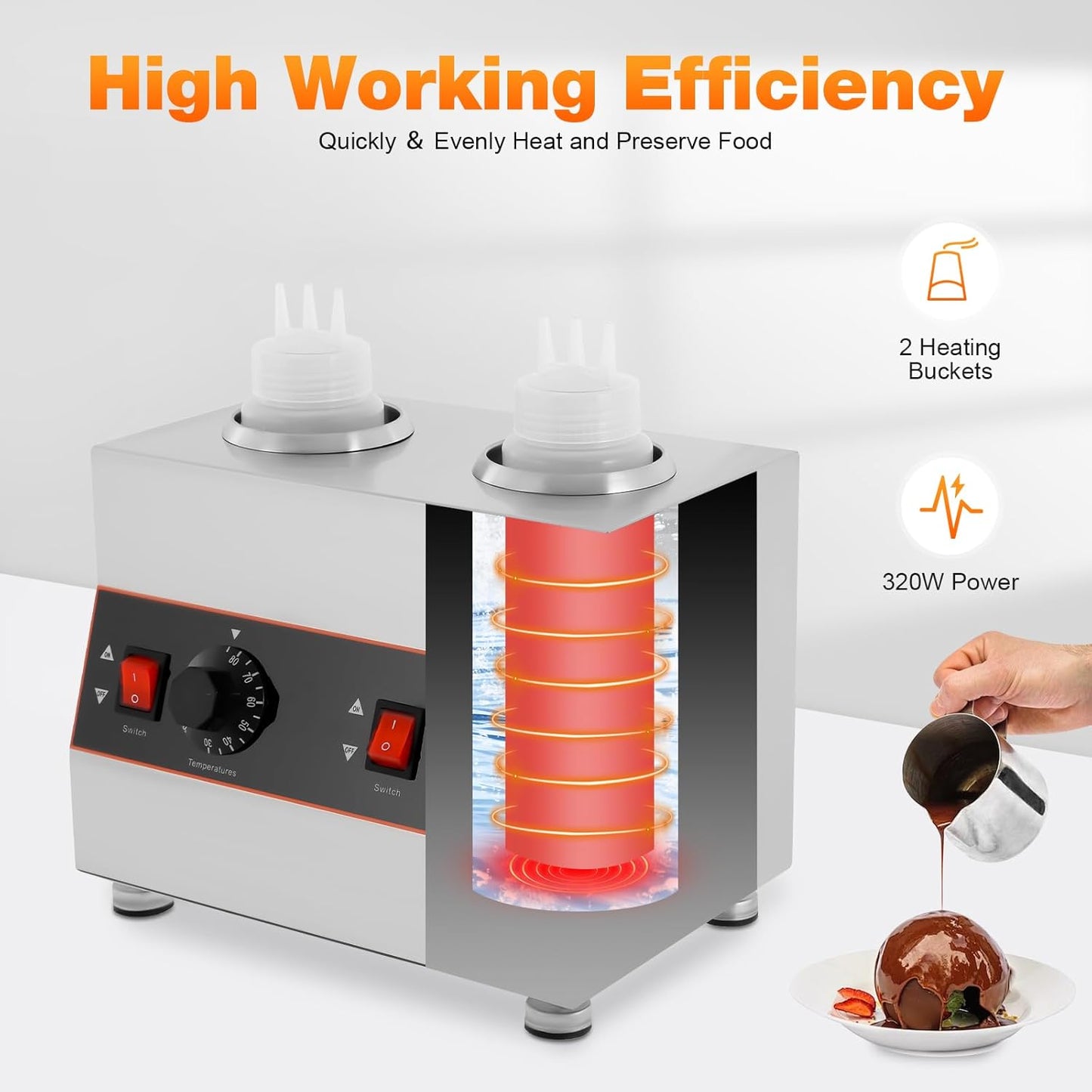 Electric Dual Bottle Sauce Warmer, 320W 110V Cheese & Chocolate Melter with Adjustable Temp 86-185°F, Stainless Steel Commercial Topping Warmer for Nacho, Caramel, Fudge with Two 650ml PC Bottles