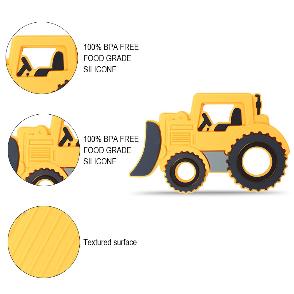 Baby Silicone Teether,Sensory Chew Toys,BPA Free Soft and Effective Infant Teething Pain Relief Toys,Freezer Safe,Food Grade Silicone,Best Shower Gift for Boys and Girls (Yellow Bulldozer)