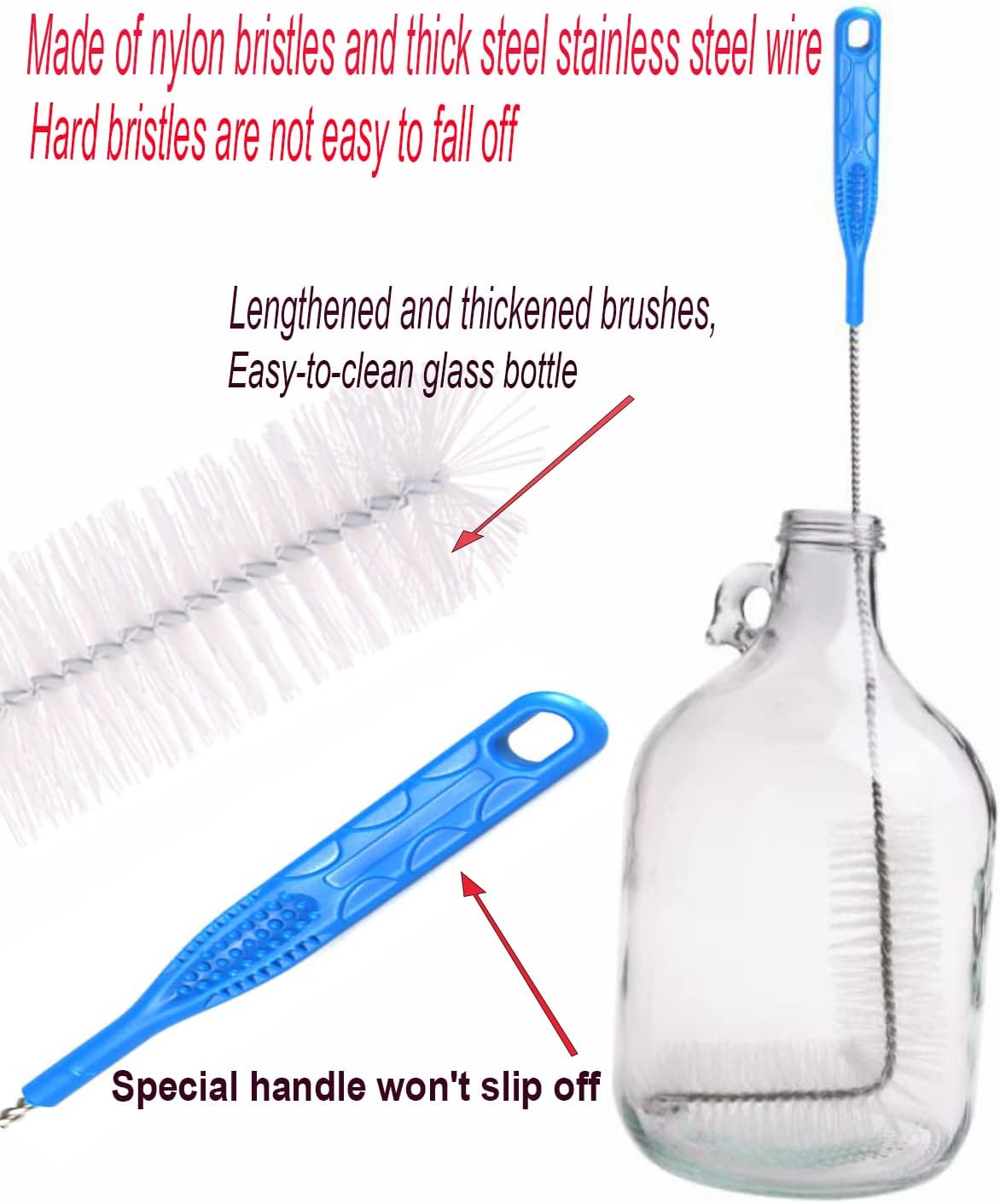Carboy Brush, Cleaning 2 Piece 30 inch Nylon Brushes, and Stainless Steel Extended Handle Water Bottle Brushes for 3 5 6 6.5 Gallon Glass Jugs Fermenters L-Bend Wire DHUAYT47665