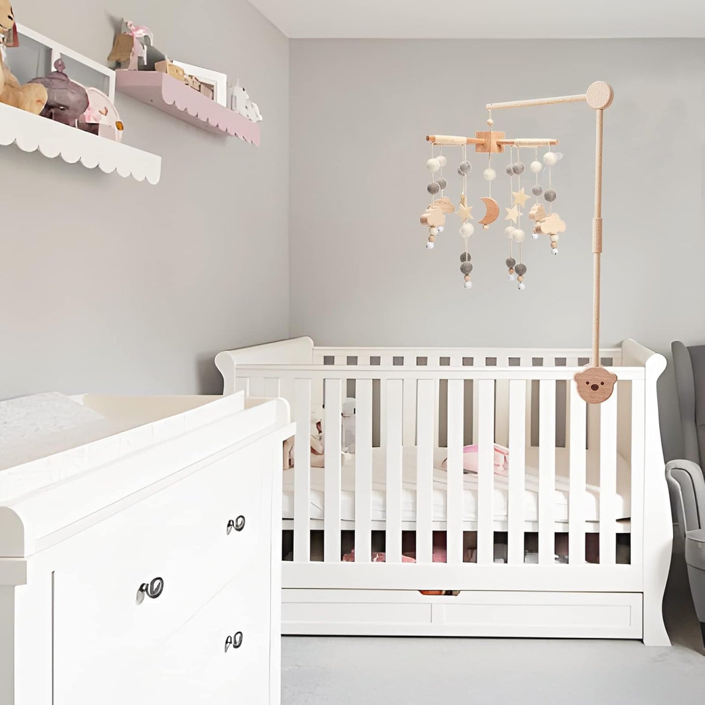 Boho Baby Crib Mobile Decor - Wooden Moon and Stars Nursery Mobiles with Cloud for Bassinet Starry Night Handmade Soft Felt Beads Hanging Wind Chime Toys Pendant for Infant Newborn Boy and Girl