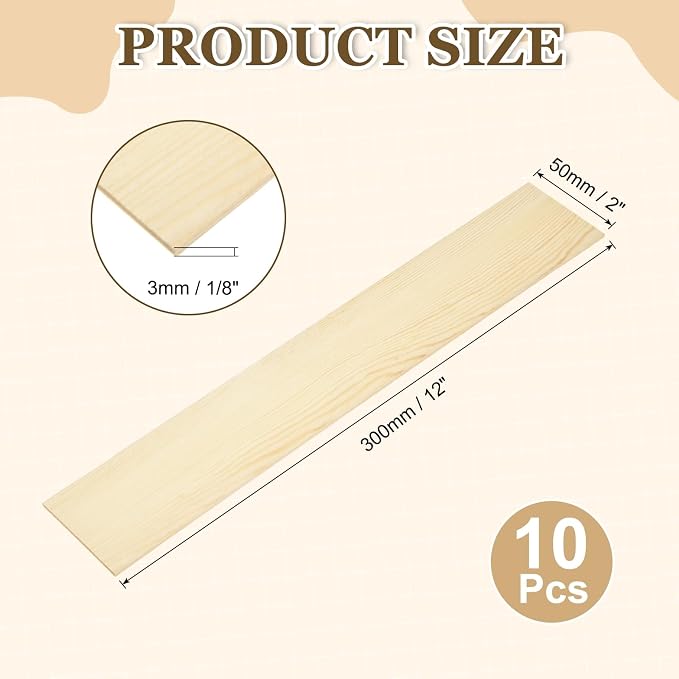 MECCANIXITY 10Pcs Wood Strips Slats, 1/8" x 2" x 12" Thin Wood Sticks Flat