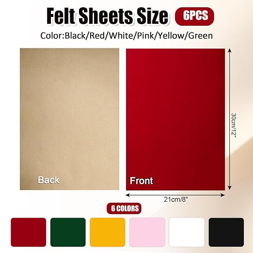 Biaungdo Self Adhesive Felt Sheets, 6 Colors, 8 x 12 Inch | A4 Size, Felts