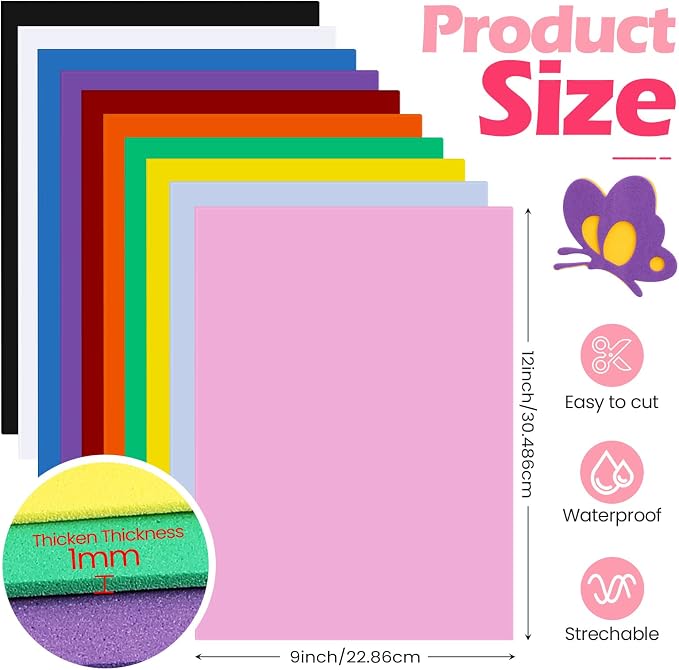 Ireer 200 Pcs EVA Foam Sheet Crafts 9 x 12 Inch Assorted 10 Colors 1mm Foam EVA