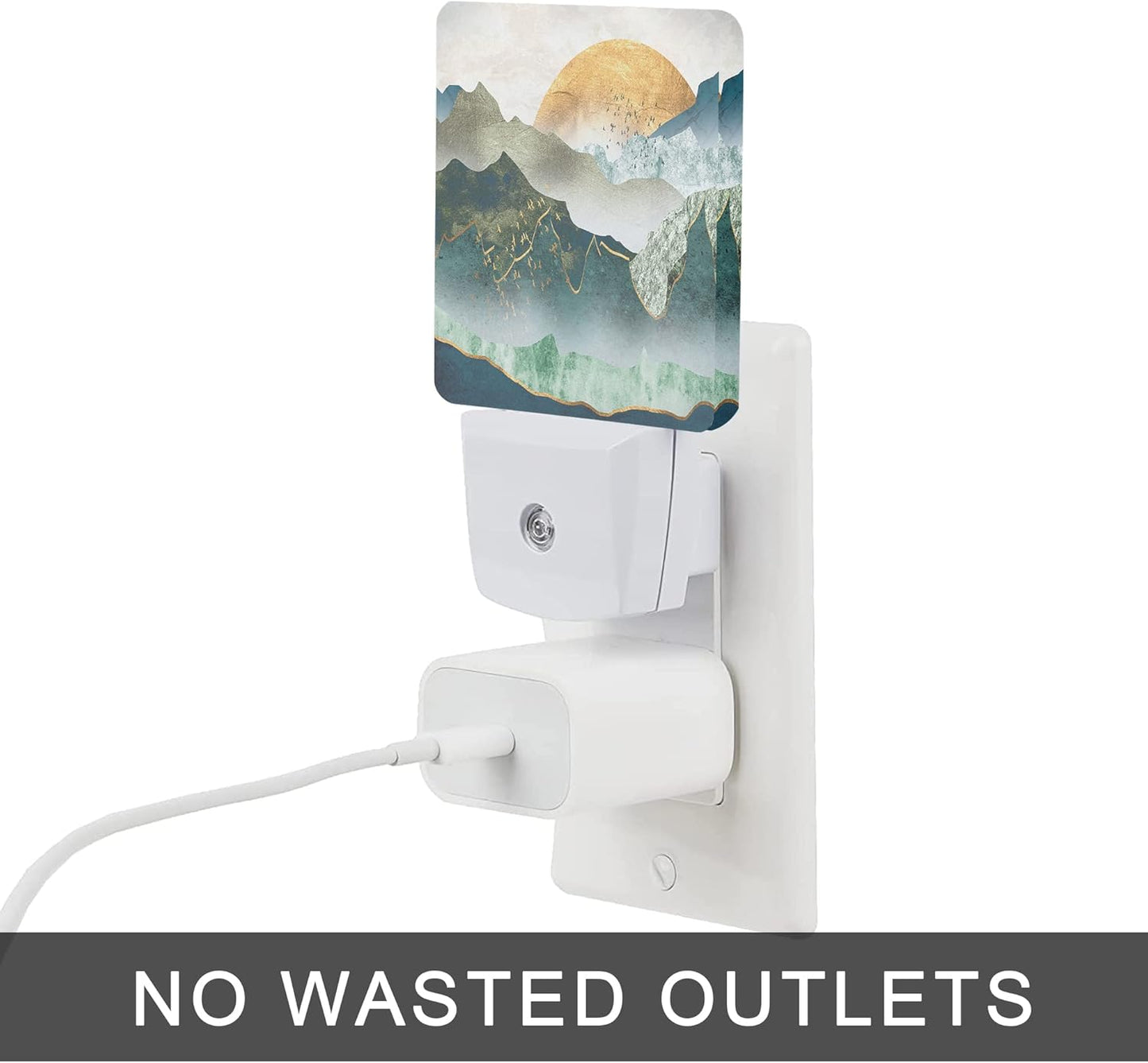 Mountain Night Light,Green Mountains Golden Sunset Plug in Night Lights Auto LED Lamp Energy Saving Square Lights for Boys Girls Men Women