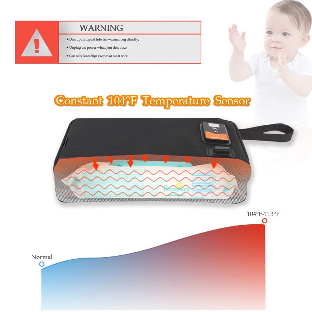 Portable USB Car Wipes Heater Warmer with Digital Display Screen,5V/10W Baby Wipes Thermostat Heating Bag,Heating Temperature Adjustable,Up to 80Pcs Wipes Capacity,for Car/Home/Travel/Camping