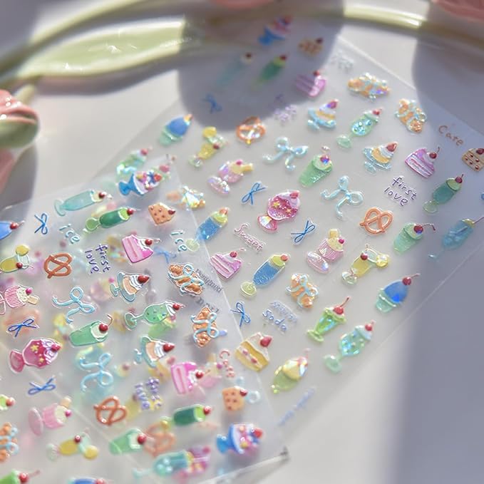 Summer Nail Art Stickers Decals Cherry Cake 5D Embossed Jelly Nail Decals 1PCS