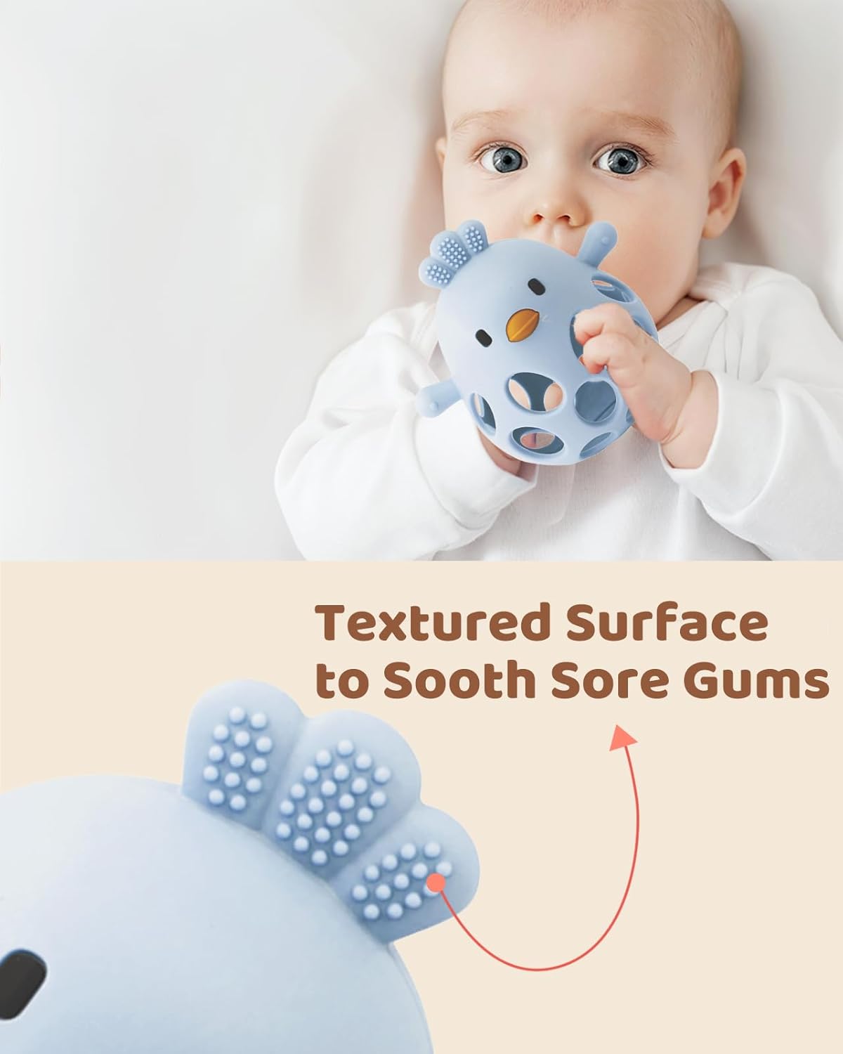 2-in-1 Baby Teething Rattle Toy, Sensory Grasping Teether for Infants 3-12 Months, 100% Food-Grade Silicone, Easy to Hold, Soothing & Developmental, BPA Free