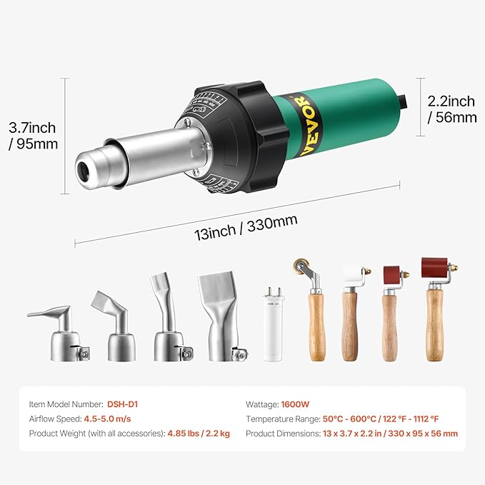 VEVOR Hot Air Plastic Welder, 1600W Hot Air Torch Pistol, 122-1112℉ PVC TPO Vinyl Heat Gun Welding Torch, Plastic Roofing Welding Kit with 9 Accessories- 4 Nozzles & 4 Seam Rollers for PP/PE/PVC Sheet