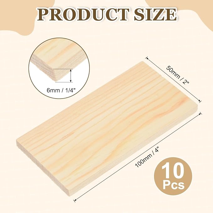 MECCANIXITY 10Pcs Wood Strips Slats, 1/4" x 2" x 4" Thin Wood Sticks Flat