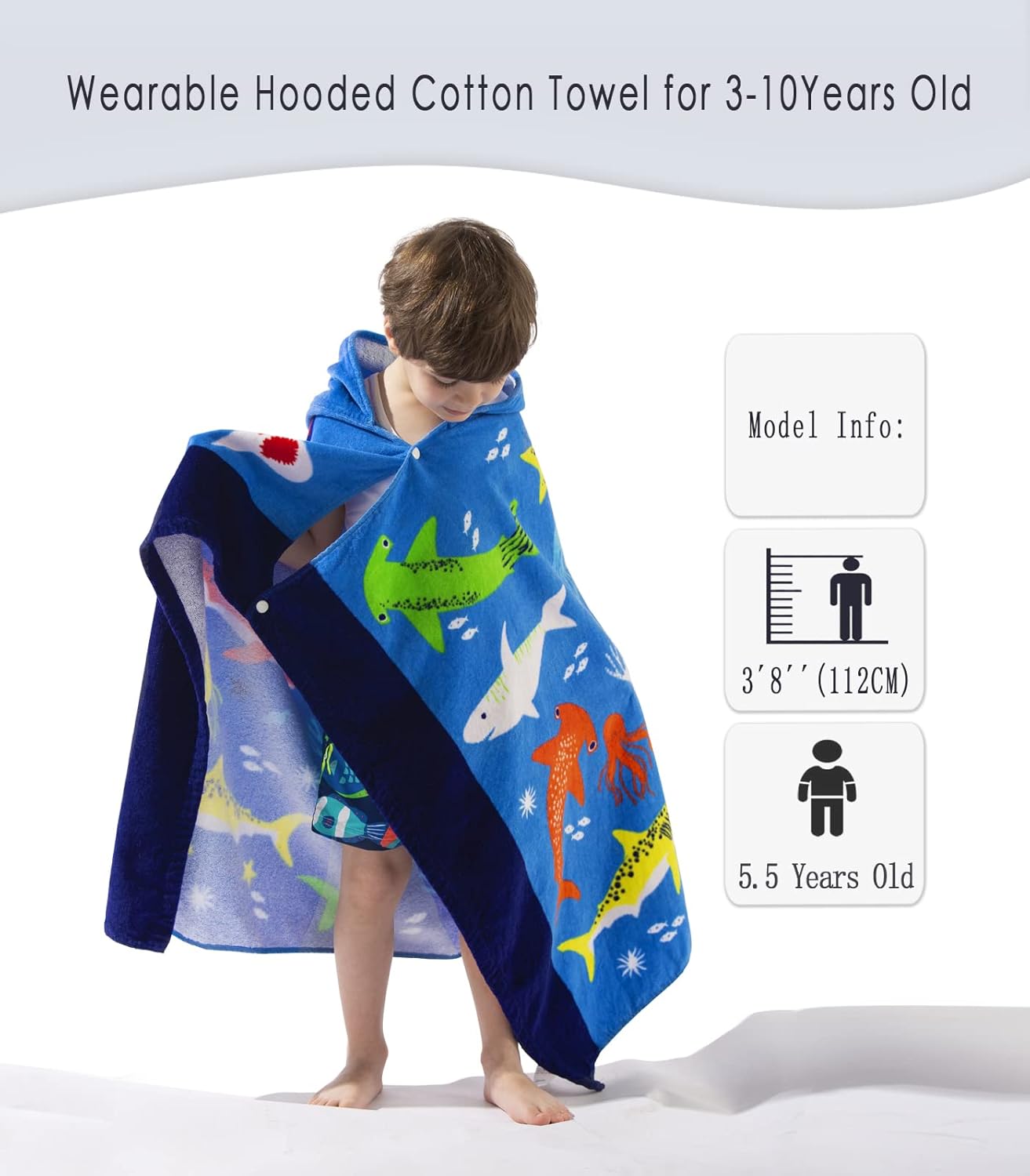 VOOVA & MOVAS Hooded Towel for Toddlers 3-10 Years,30''X50'',Soft | Thick | Cotton | Absorbent | Large Beach | Pool | Bath | Swim Towels | Cover up for Boys, Shark Fish
