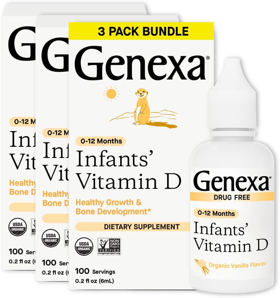 Genexa Infants Vitamin D Liquid Drops for Newborn, Baby & Toddler | Bone Development | Delicious Organic Vanilla Flavor | Certified Organic, Gluten Free, & Non-GMO | 270 Servings (3 Pack)