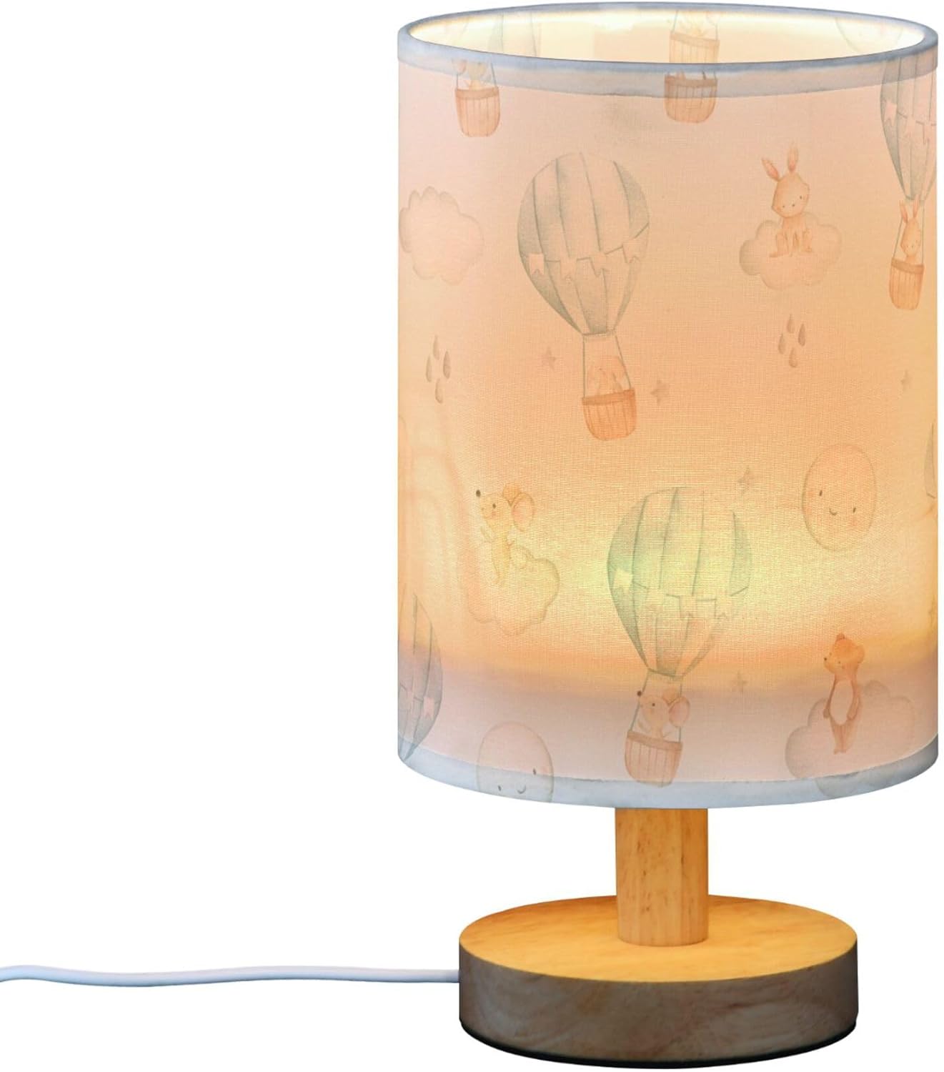 Table Lamp Watercolor Hot Air Balloon Elephant Rabbit Bear Mouse Moon Star Nightstand Lamp with Wood Base Fabric Lamp Shade Bedside Desk Lamp for Living Room Bedroom Kids Room Office