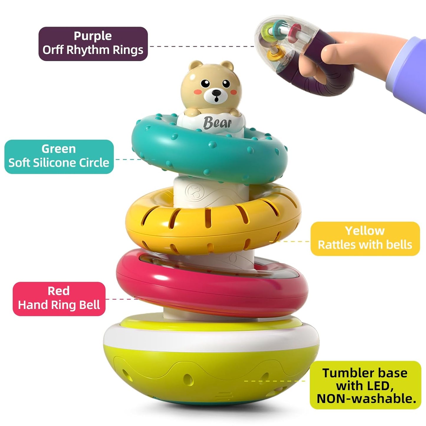 Baby Stacking Rings with Sound, Stacking Toys for Toddlers 1-3, Montessori Toys for Babies 6-12 Months, Rotatable with Light